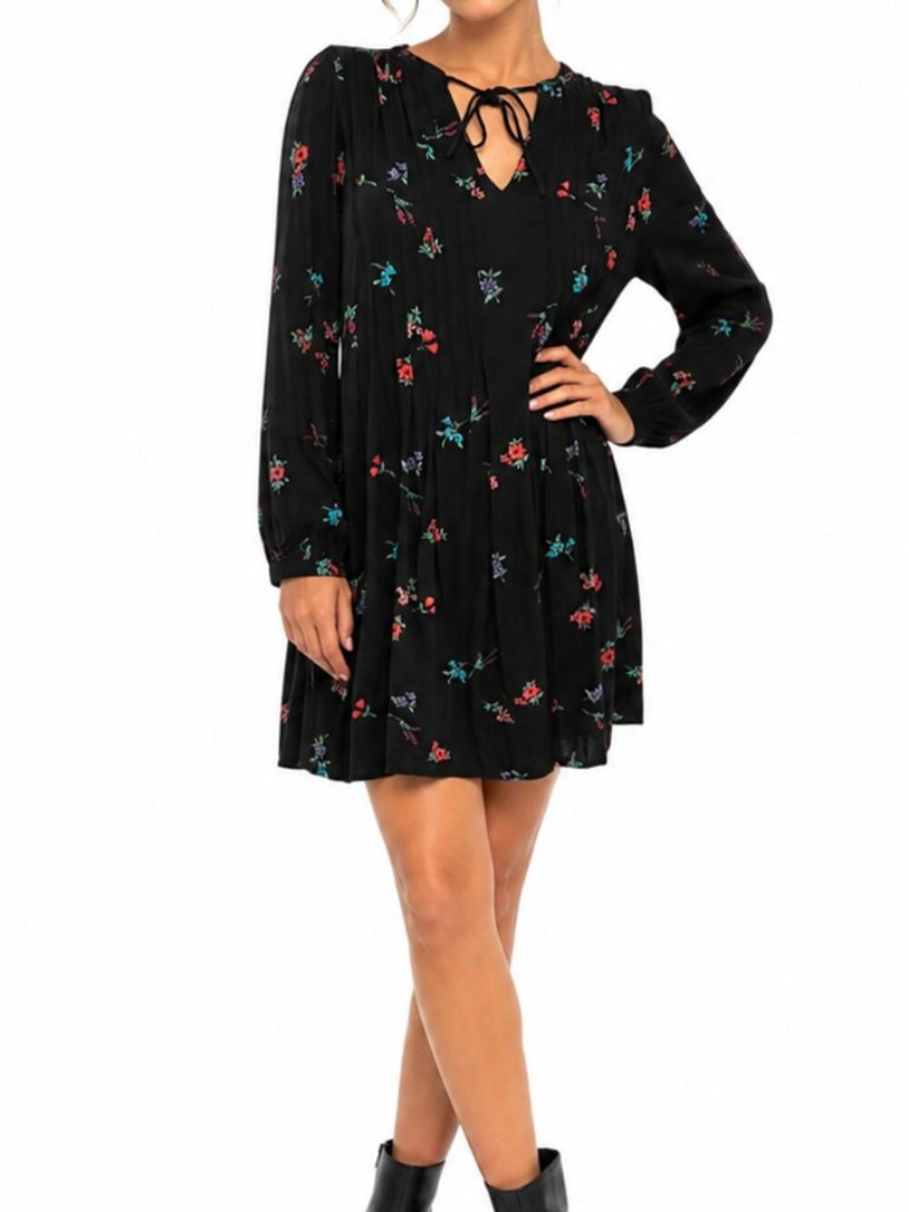 Old Navy Black Floral Print Dress Tie Neck Long Sleeve Casual M Boho Romantic
